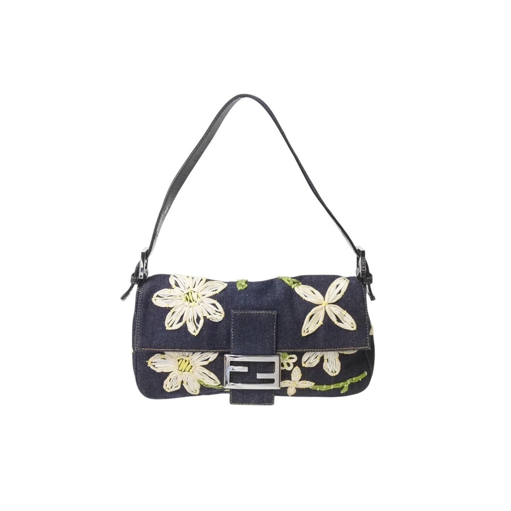 FENDI Flower Denim Mamma Bucket Embroidered One Shoulder Hobo Bag Navy Blue